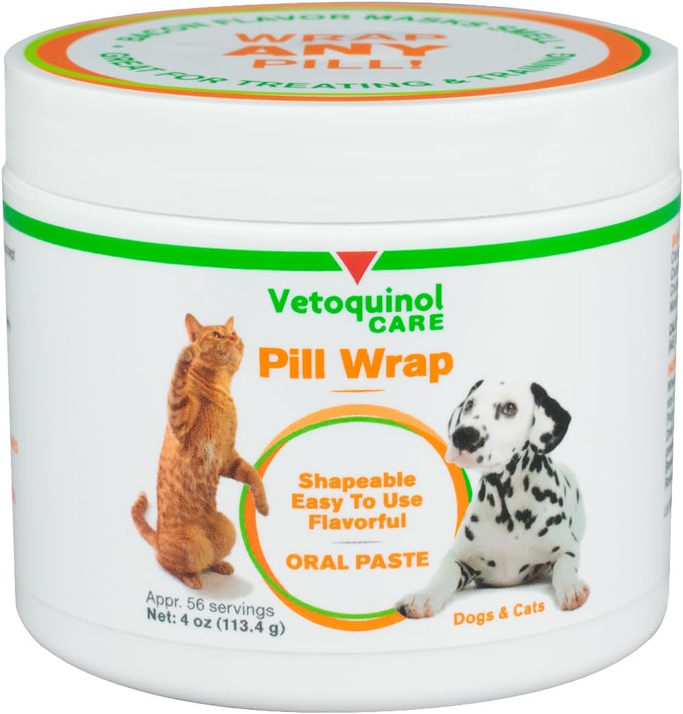 Vetoquinol Pill Wrap Treats for Dogs & Cats – 4oz, 56 servings – Hides Any Size, Shaped Pill – Moist, Flavorful & Shapeable Pill Pocket Paste – Easy-to-Swallow Masking Pill Pouch for Training & Treats