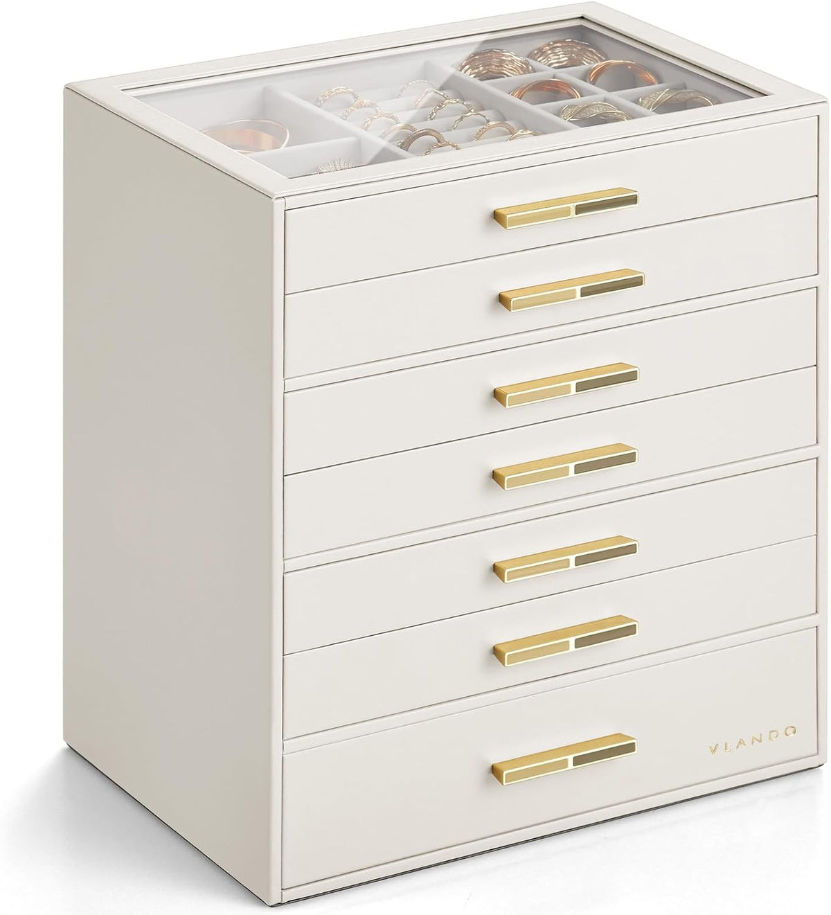 VLANDO Jewelry Box Organizer, 3-Layer Storage Drawers, Glass Window, Modern