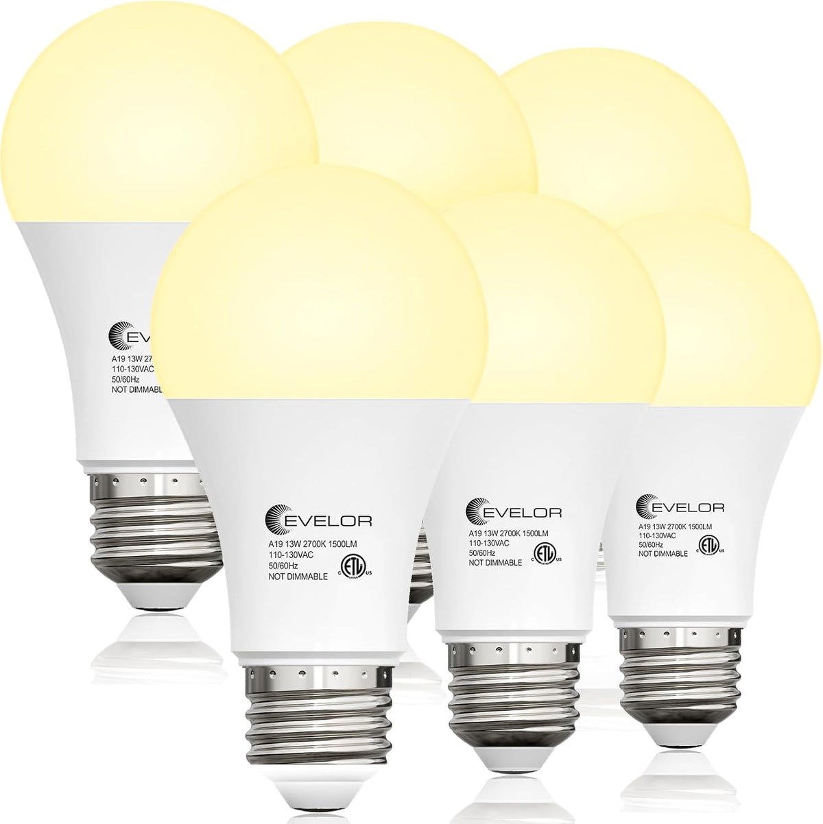 evelor 6-Packs A19 LED Light Bulbs,100 Watt Equivalent Daylight 5000K Bright Bulbs Efficient 13W,1500 Lumens E26 Base, Non-Dimmable, 15000-Hour Lifespan for Bedroom, Living Room, Office