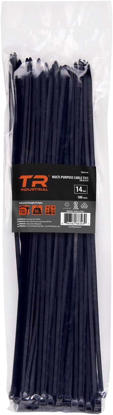 TR Industrial Multi-Purpose UV Resistant Black Cable Ties, 8 inches, 100 Pack