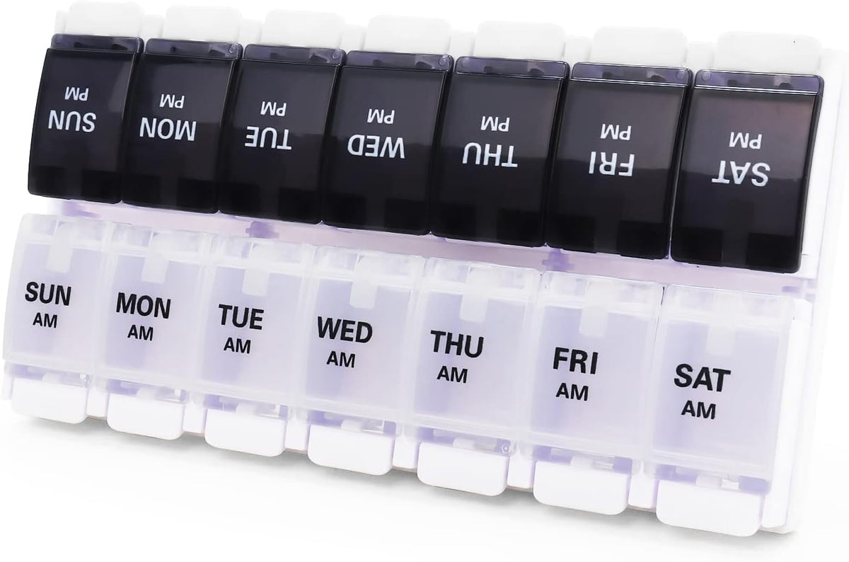 MOLN HYMY Large Pill Organizer 2 Times a Day, AM PM Pill Box 7 Day, 14 Dividers 2 Week Medicine Pill Organizer with Easy Push Button for Medication, Vitamins, Fish Oils, Supplements