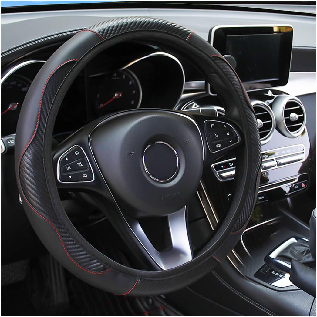 Osilly 15 Inch Carbon Fiber PU Leather Steering Wheel Cover, Red