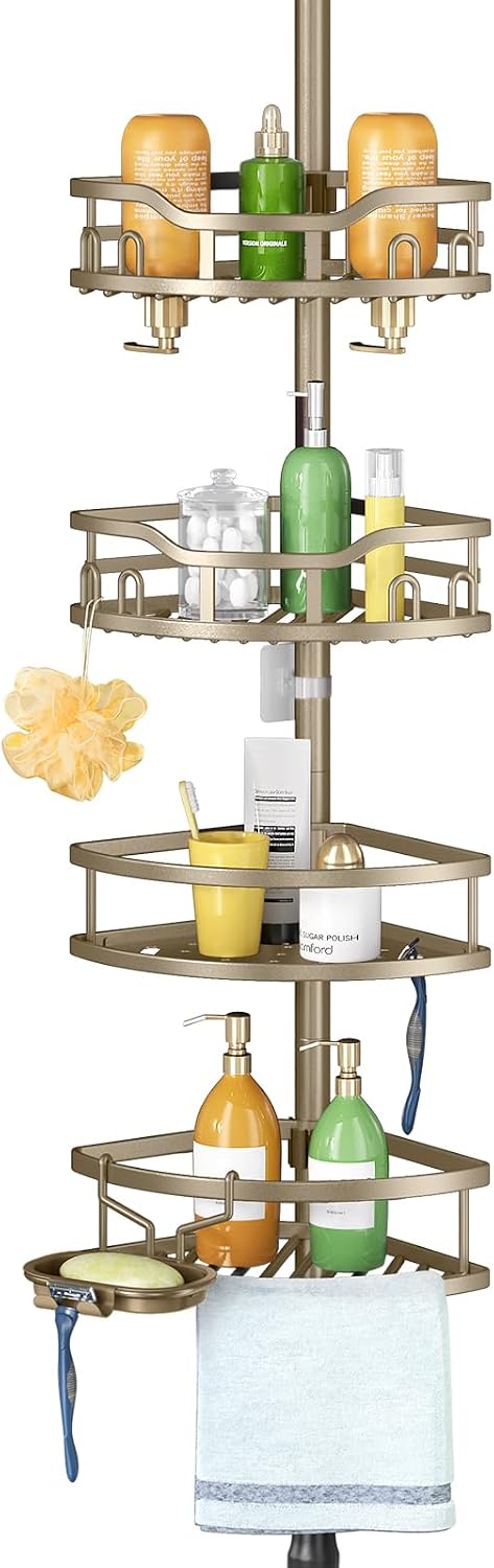 HAMITOR Corner Shower Caddy Tension Pole: Rustproof Stable 4-Tier Bathroom Organizer Shelves for Bathtub Shampoo Storage - 47-121 Inch Quick Install Adjustable Shelf with Soap Rack - Silver Gray