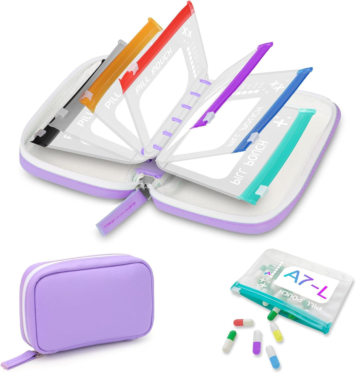 Timueetech A7 Waterproof Pill Organizer with 7 PCS L Size Zippered Pill Pouches for A7 Binder, Large BPA-Free Weekly Medicine Organizer, Color-Coded Reusable Travel Pill Storage System