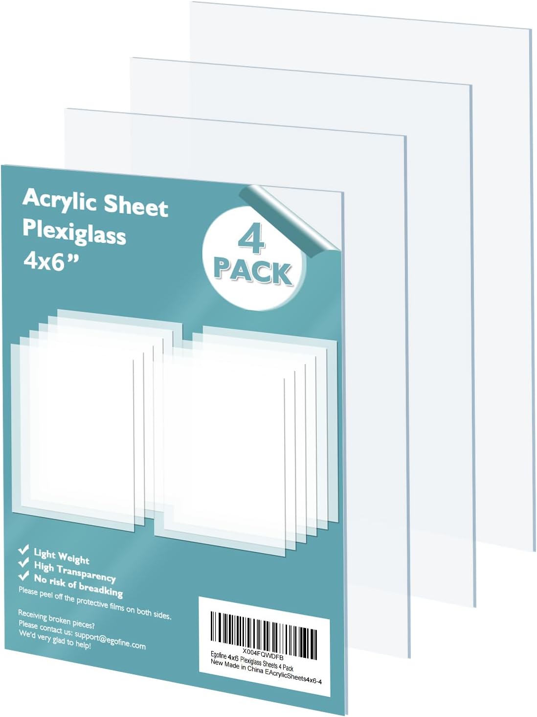 Egofine Plexiglass Sheets Acrylic Sheets 6 Pack of 8x10’’ 0.04 Thick Clear Plastic Cast Transparent Plexi Glass for Crafting Projects, Replacement Picture Frame Glass, DIY Display, Easy to Cut