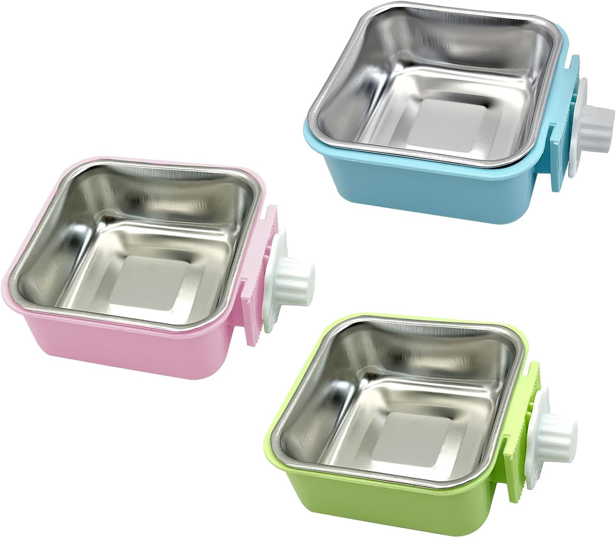 kathson Crate Dog Bowl, Removable Stainless Steel Hanging Pet Kennel Cage Bowl Food & Water Feeder Coop Cup for Puppy, Cat, Rabbit, Guinea Pigs Ferret Bird (2 PCS, Size: M, Blue and Green)