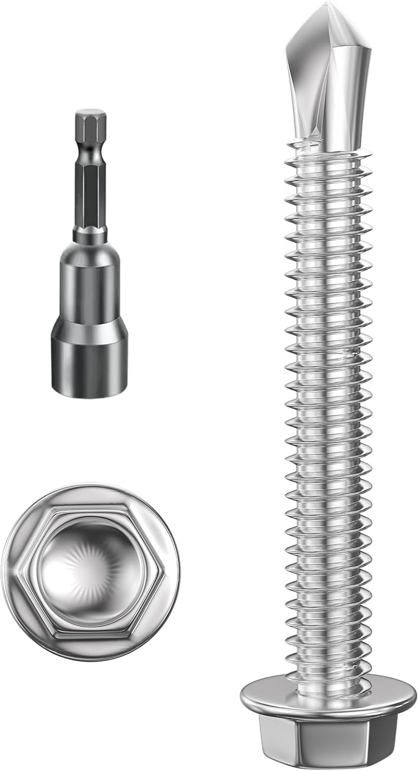 Wensilon (300Pcs) #8×3/4" Hex Washer Head Self Drilling Screws, 410 Stainless Steel Metal SheetScrews，TEK Screws, Sheet Metal Self Tapping Screws