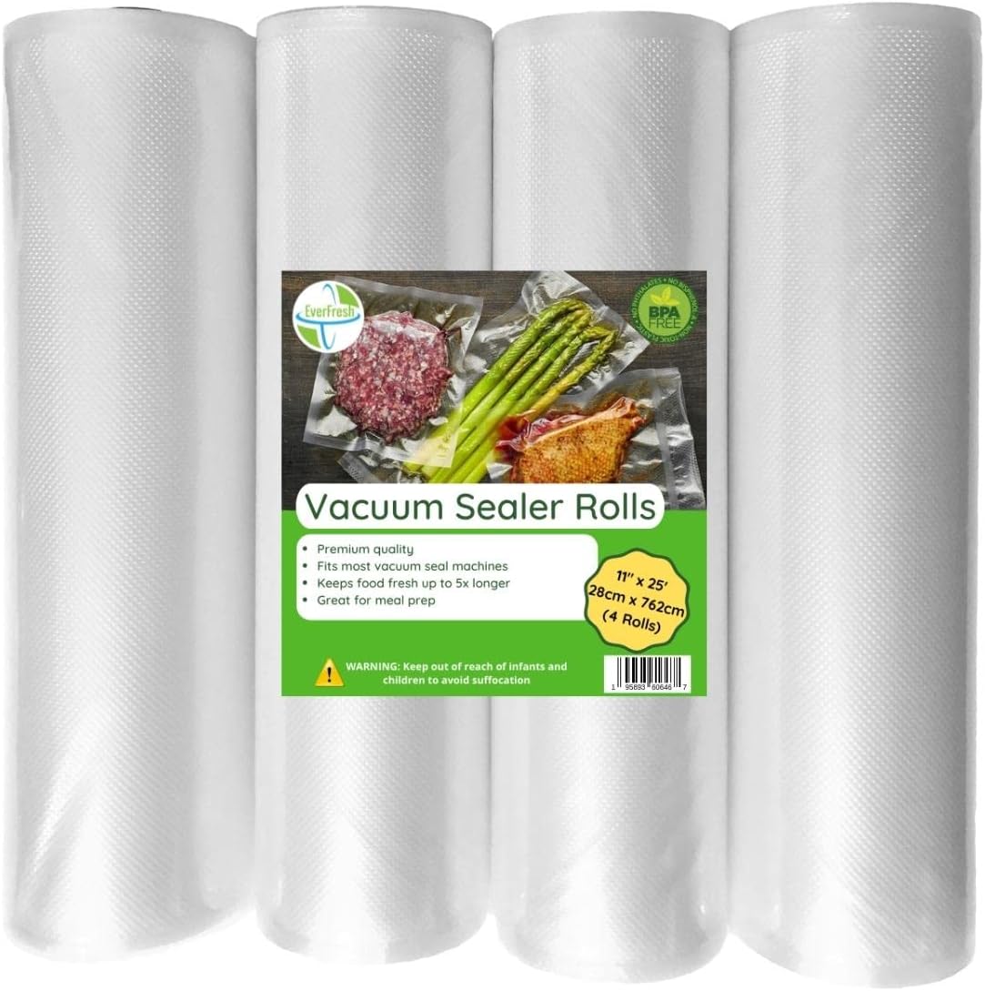 EverFresh 11" x 25' Vacuum Sealer Rolls, 4 Pack | 15% THICKER Embossing | Compatible with FoodSaver Machines, BPA Free, Commercial Grade Food Sealer Bags