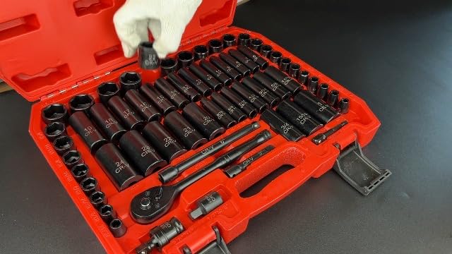 EACELIY 64pcs 3/8" Socket Set,Drive Impact Socket Set, SAE/Metric, Deep & Shallow, Cr-V Steel, 6 Point with Adapters, 72T Ratchet Handle, Extension Bars，Bit Adapter，6-24mm，5/16-1 inch