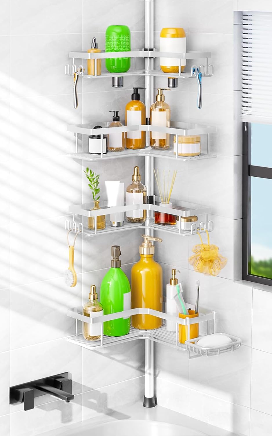 HAMITOR Shower Caddy Tension Pole: Corner Bathroom Organizer for Renters