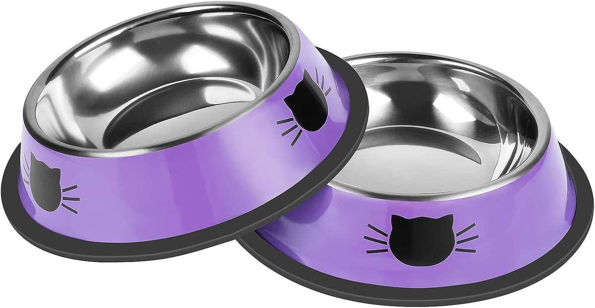 Serentive 2 Pcs Non-Slip Stainless Steel Small Cat Food Bowls - Unbreakable, Thicken 7 Oz Cat Dishes - Indoor, Removable Rubber Base, Easily Clean, Lovely Color