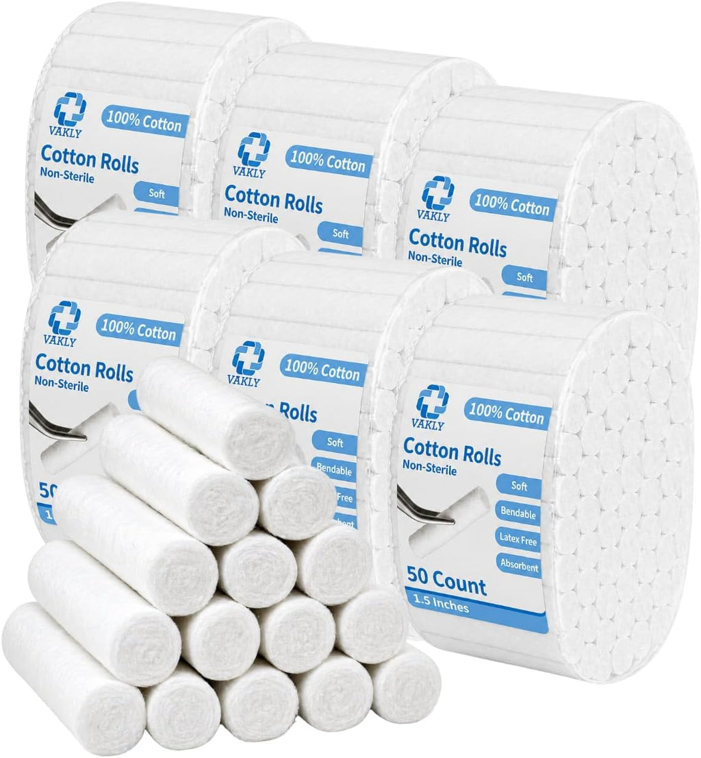Vakly Dental Cotton Rolls #2 Medium 1.5 in (100 Count) – 100% Absorbent Non-Sterile Cotton Rolls for Dental Use, Mouth Gauze & Nosebleeds