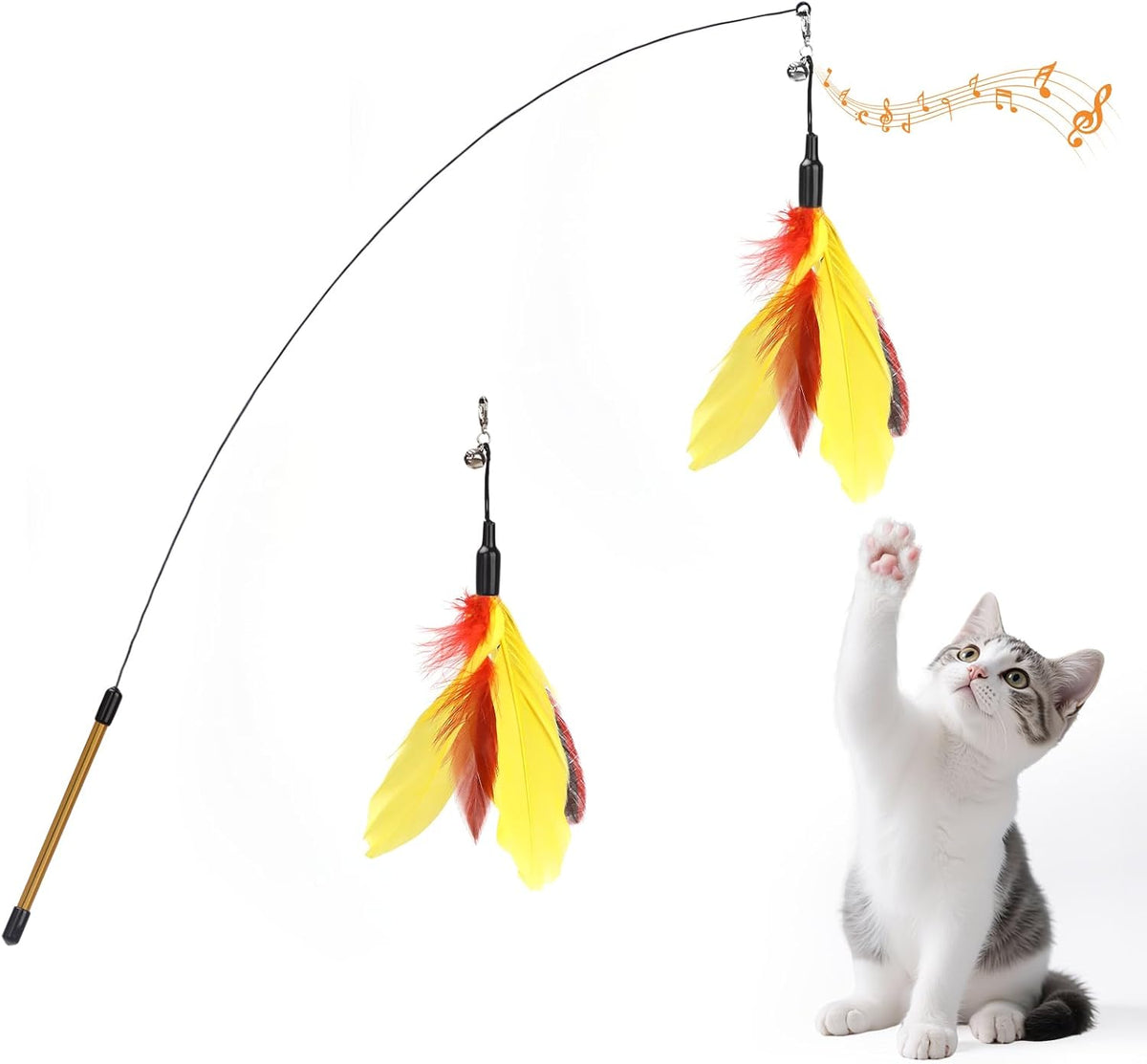 Pawaboo Cat Feather Wand Interactive Toy, 2 Feathers + 1 Wand with Bell