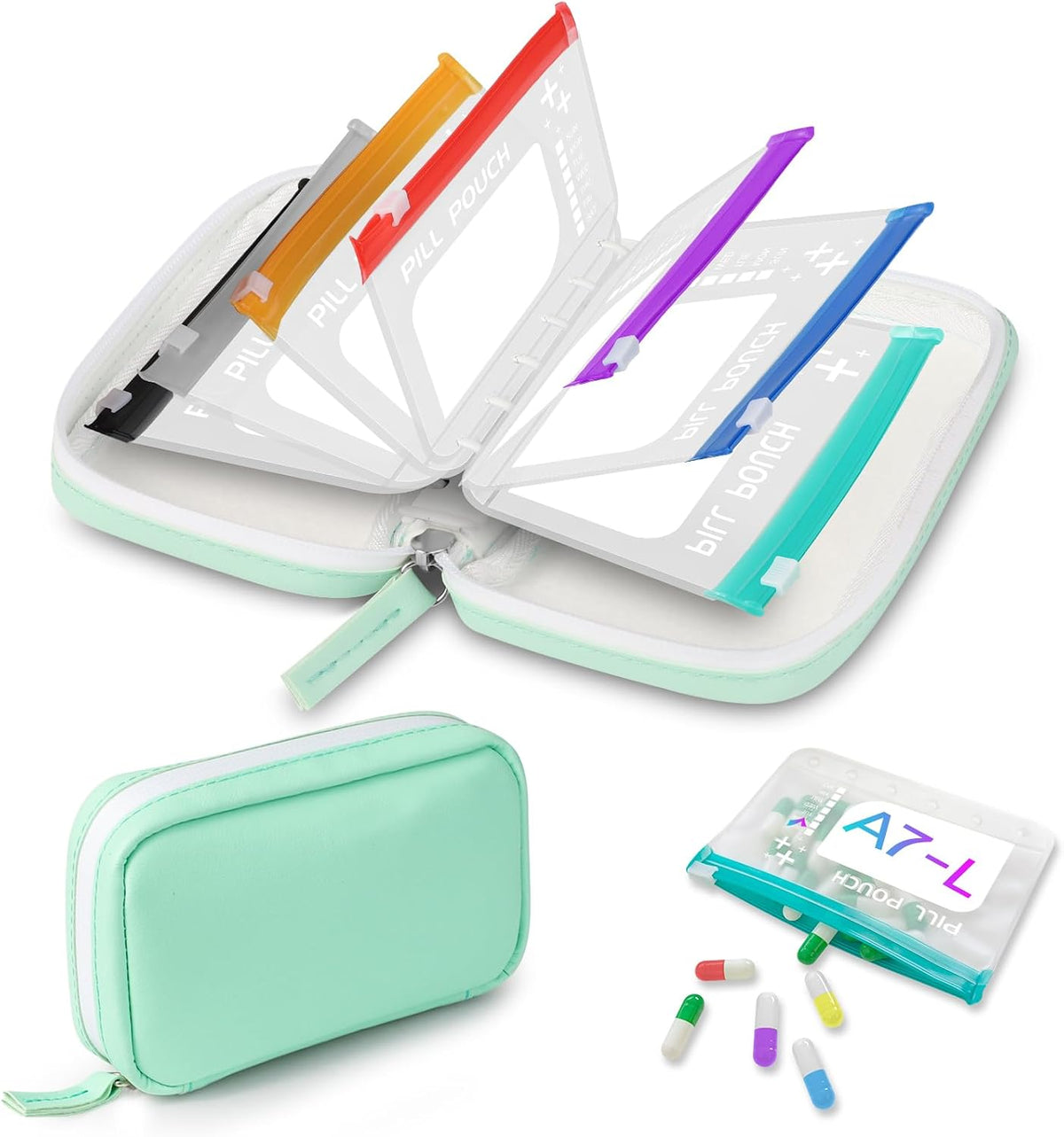 Timueetech A7 Waterproof Pill Organizer with 7 PCS L Size Zippered Pill Pouches for A7 Binder, Large BPA-Free Weekly Medicine Organizer, Color-Coded Reusable Travel Pill Storage System