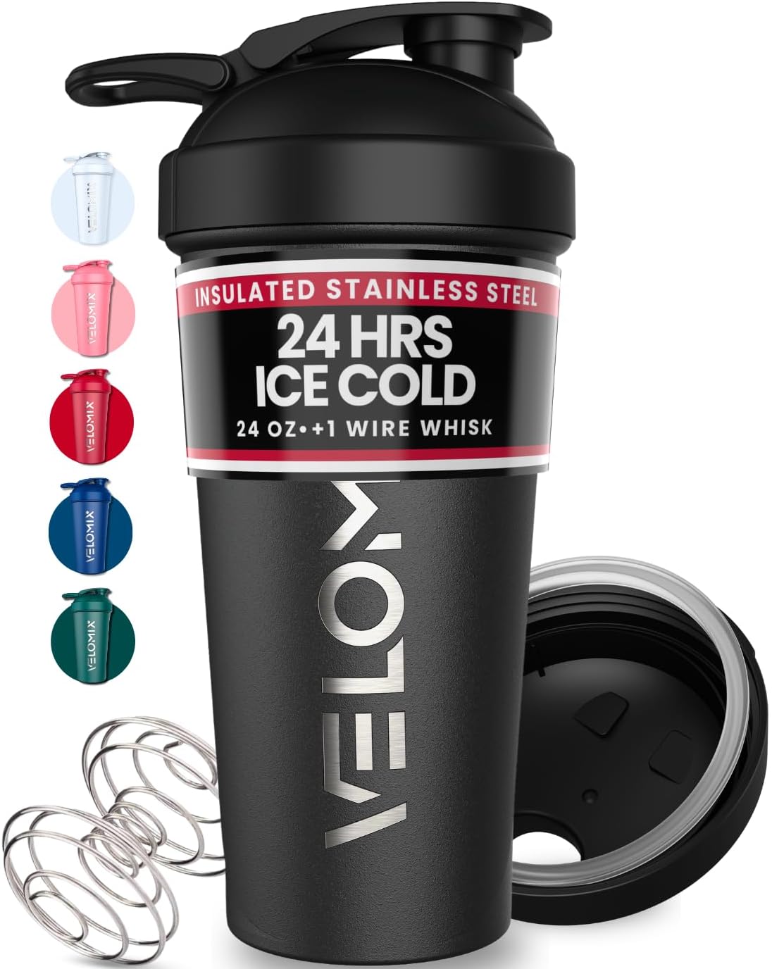 VELOMIX 24oz Stainless Steel Shaker Bottle with Wire Whisk, Black