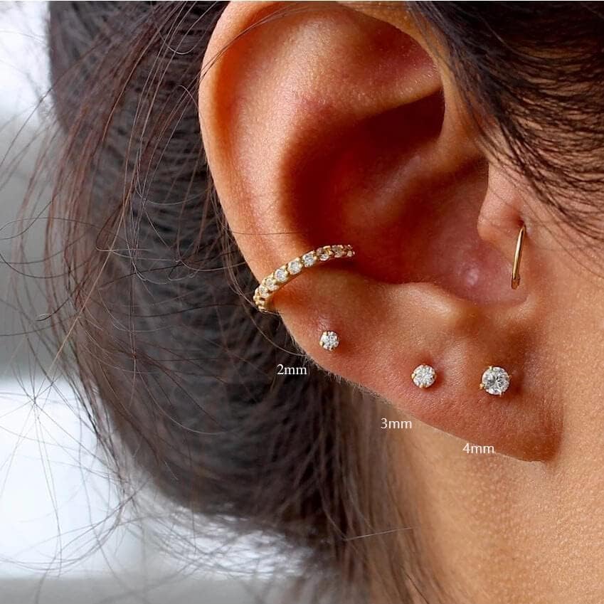 Renkovte Flat Back Screw Back CZ Stud Earrings, Small Cubic Zirconia Stud Earrings for Helix Cartilage Tragus Earlobe Piercing for Women (2mm 3mm 4mm Gold Color)