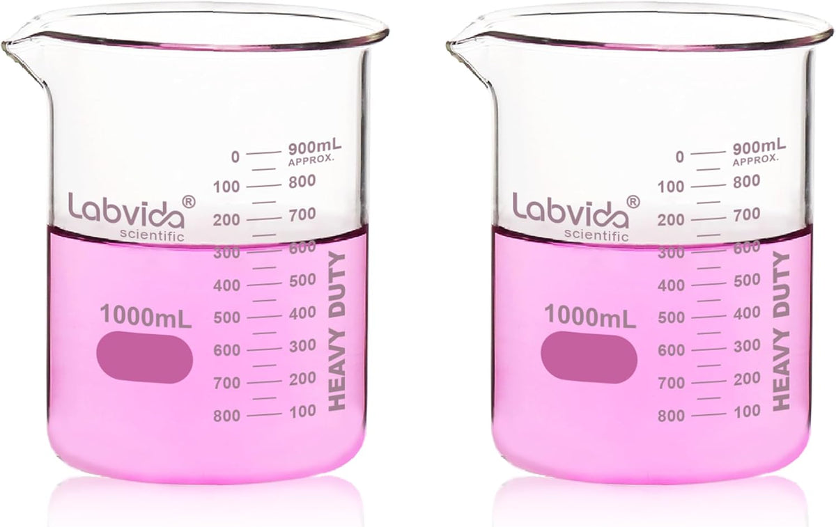 Upgrated 6 Size Low Form Glass Beaker Set, 25ml 50ml 100ml 250ml 500ml 1000ml, 3.3 Boro Glass beakers with Printed Graduation, LVA019