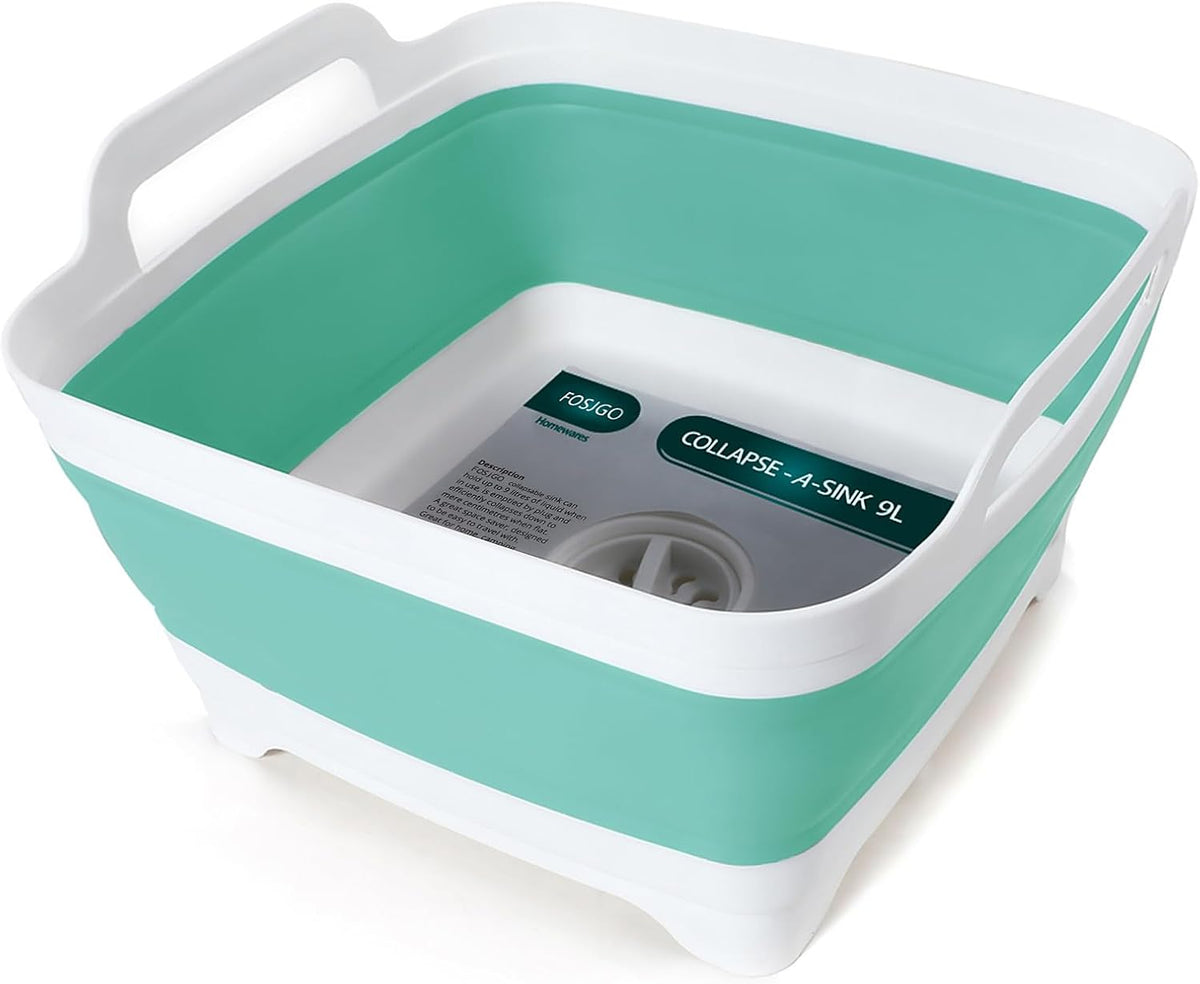 FOSJGO Collapsible Dish Basin with Drain Plug, Foldable Sink, 2.4 Gal (9L)