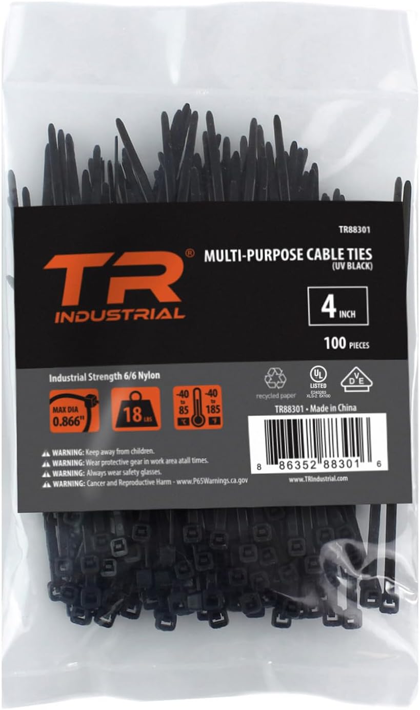 TR Industrial Multi-Purpose UV Resistant Black Cable Ties, 8 inches, 100 Pack