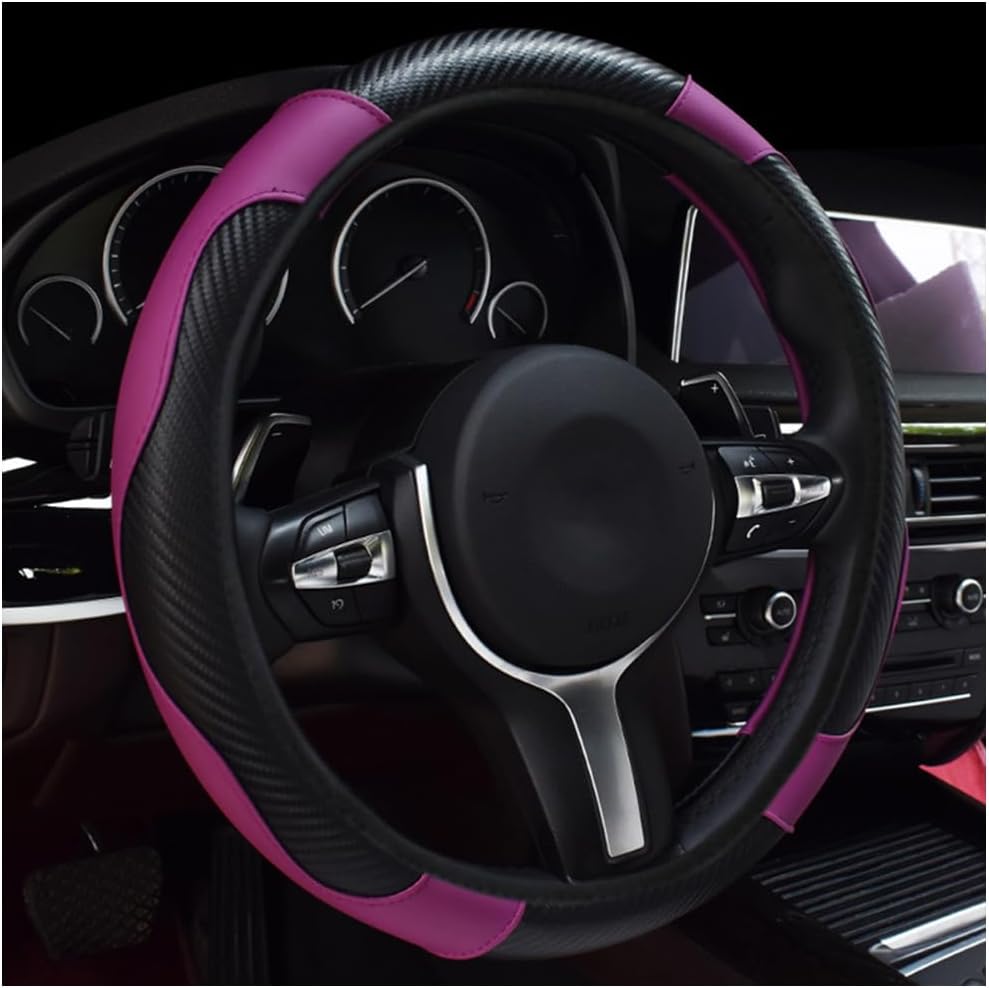 povtii Car Steering Wheel Cover, 15 Inch Leather Breathable Auto Steering Wheel Protector, Comfortable Non-Slip Vehicle Steering Wheel Covers, Universal Interior Car Accessories (Black+Pink)