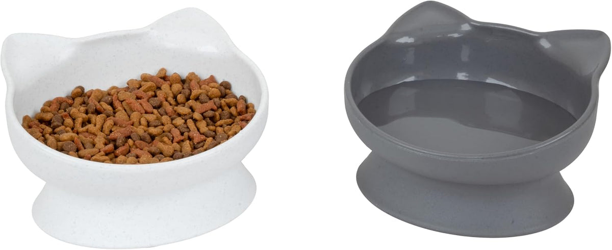 Kitty City Elevated Cat Bowls (Set of 2), Whisker-Friendly Raised Cat Food & Water Dishes, Modern Pedestal Design, Dishwasher Safe, 6.5 oz Each – White & Gray