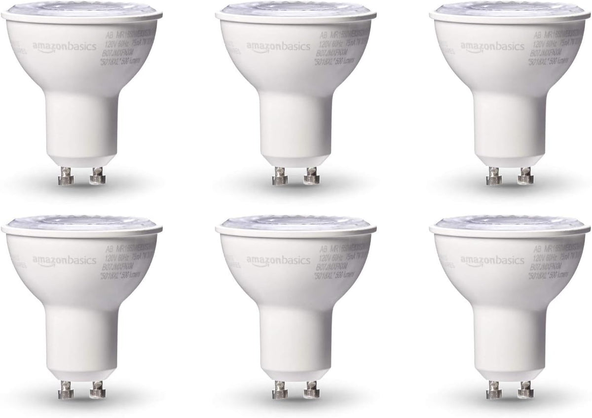 Amazon Basics MR16 LED Light Bulb, 50W Equivalent, Energy Efficient 7W, GU10 Base, Warm White 3000K, Dimmable, 10,000 Hour Lifetime, 6-Pack