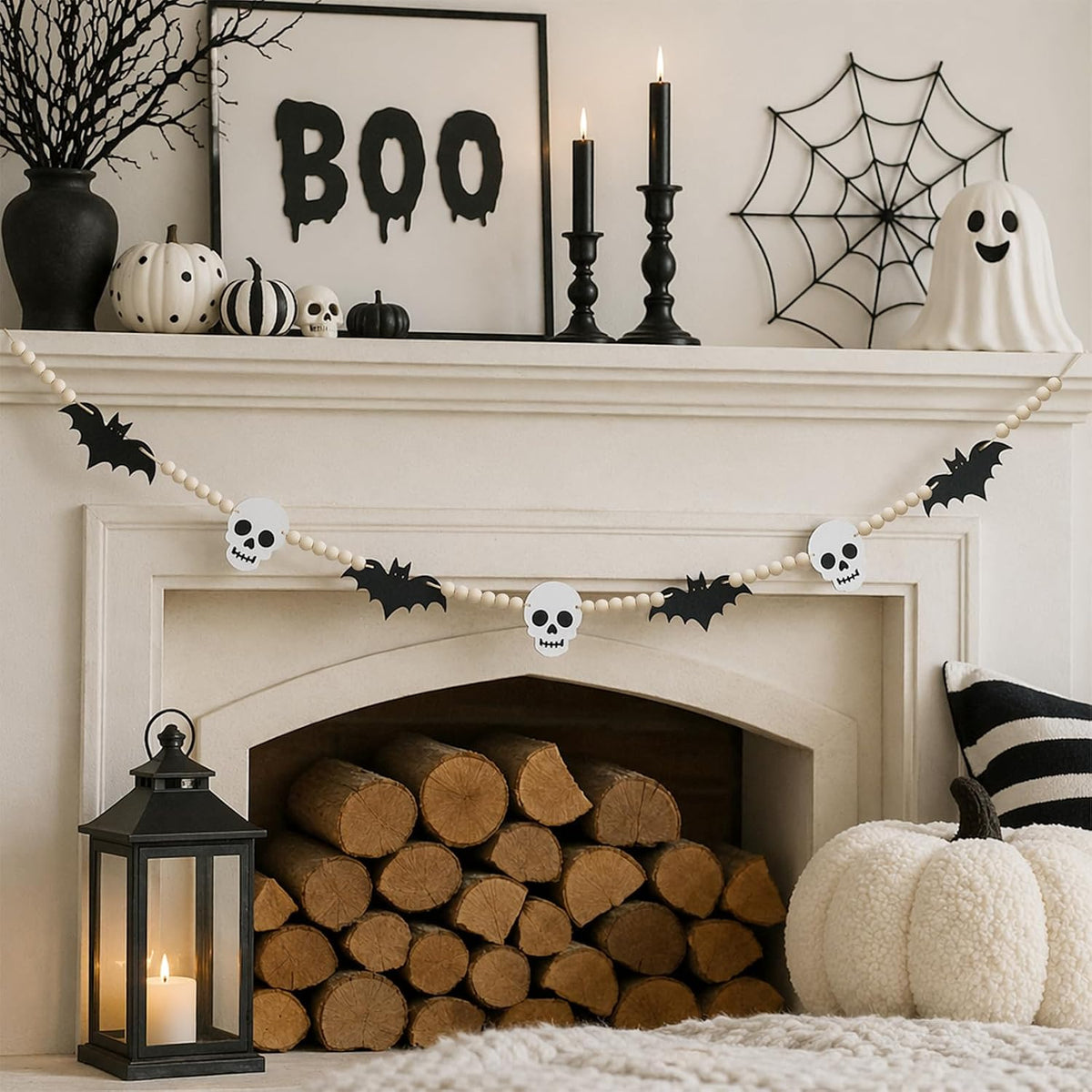 6.8 FT Fall Pumpkin Garland with Maple Leaves and Wood Beads, Autumn Decor