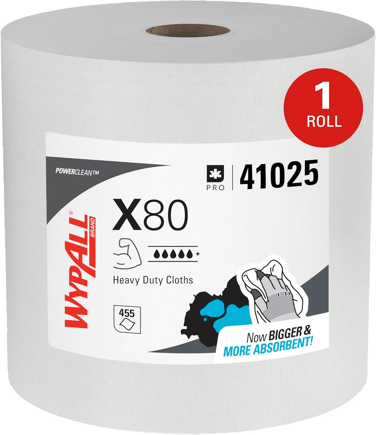 WypAll PowerClean X80 Heavy Duty Cloths, Jumbo Roll, 455 Towels (41055)