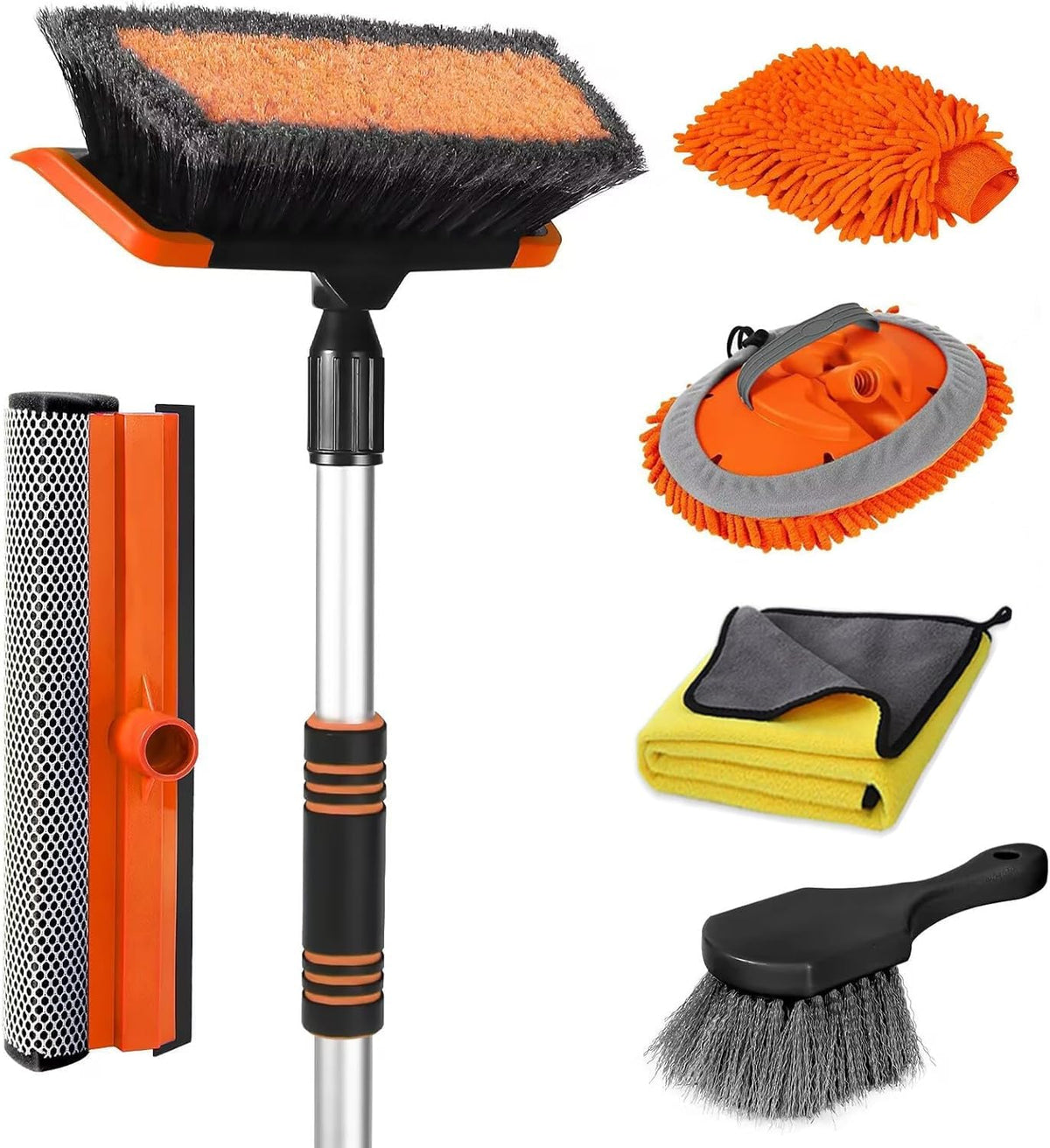Wontolf 62'' Car Wash Brush with Long Handle, Scratch-Free Soft Bristles Sturdy Car Wash Mop Kit, Complete Car Cleaning Brush Kit Wash Mitt Towel Windshield Squeegee Wheel Tire Brush for Car Truck RV