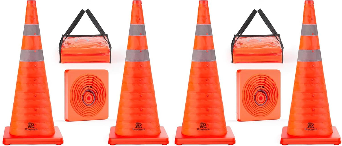 RoadHero 28 Inch 4 Pack Collapsible Traffic Safety Cones with Bag, Orange