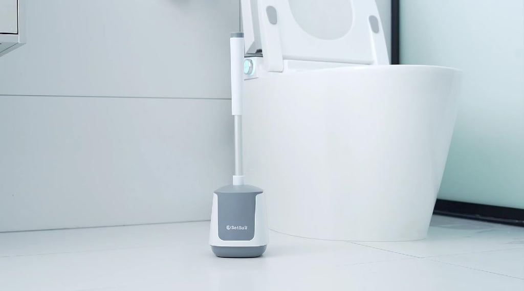 SetSail Toilet Brush and Holder, Self Closing Lid Toilet Bowl Brushes Holder and Extra Long Handle Ventilated Toilet Brush Set for Bathroom Cleaning, Nylon Bristles, White & Grey