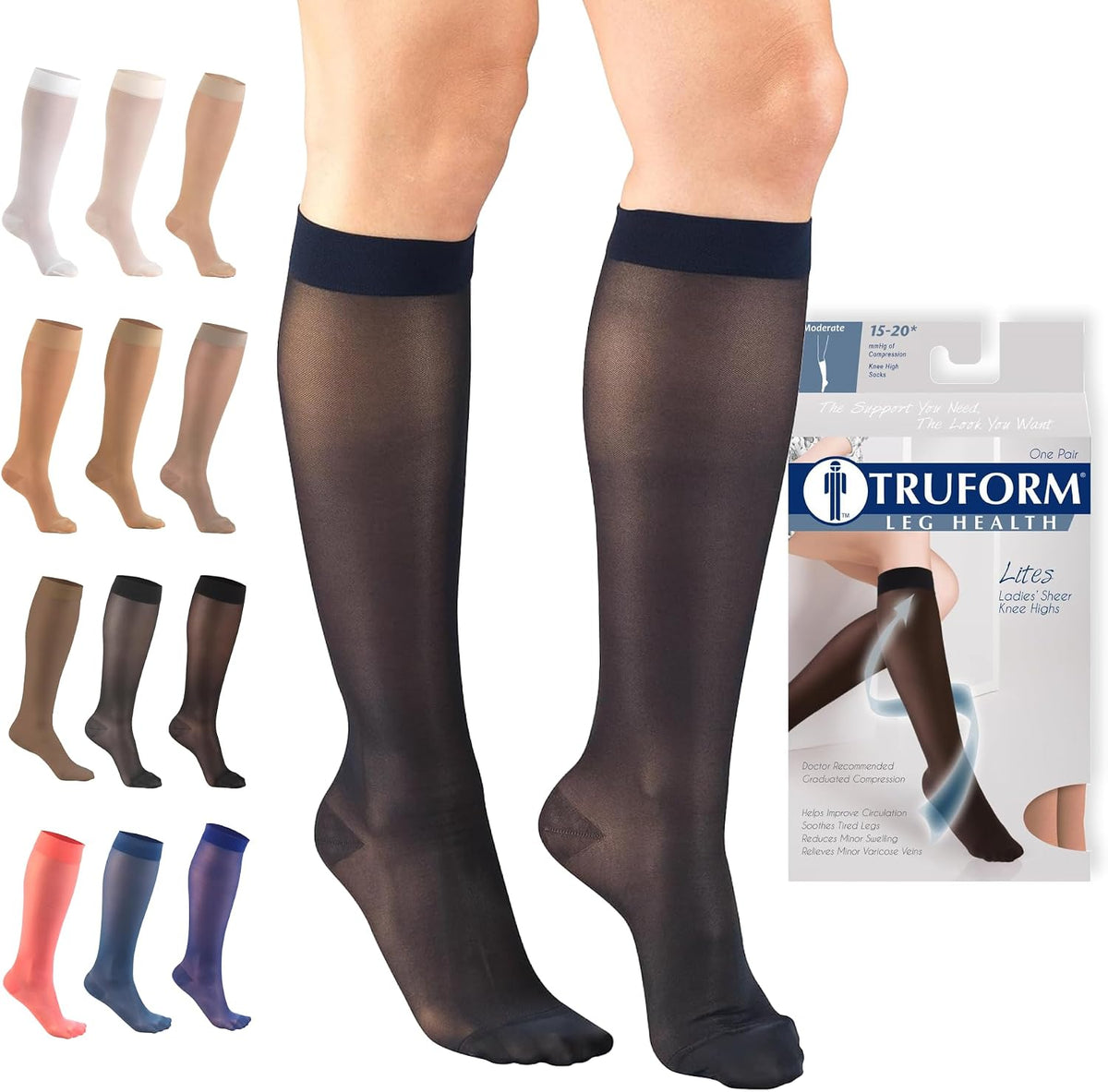Truform Sheer Compression Stockings, 15-20 mmHg, Women's Knee High Length, 20 Denier, Nude, Medium