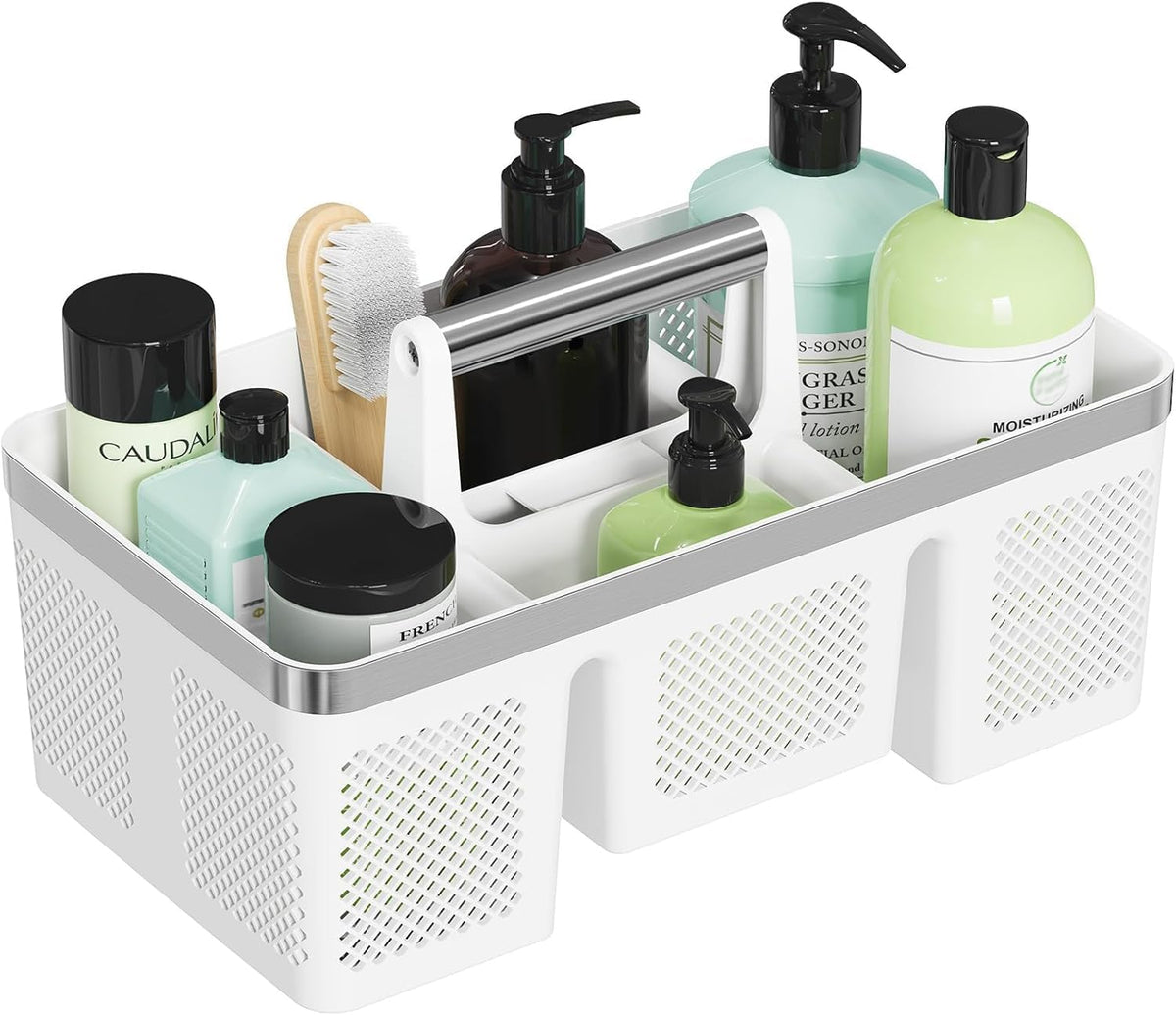BYUNER Plastic Shower Caddy Dorm: Portable Cleaning & Shower Caddy with Handle, 4 Divided Compartments, All-Side Drainage, Rigid Plastic Basket Tote for College Dorm & Bathroom Use, Black/Silver