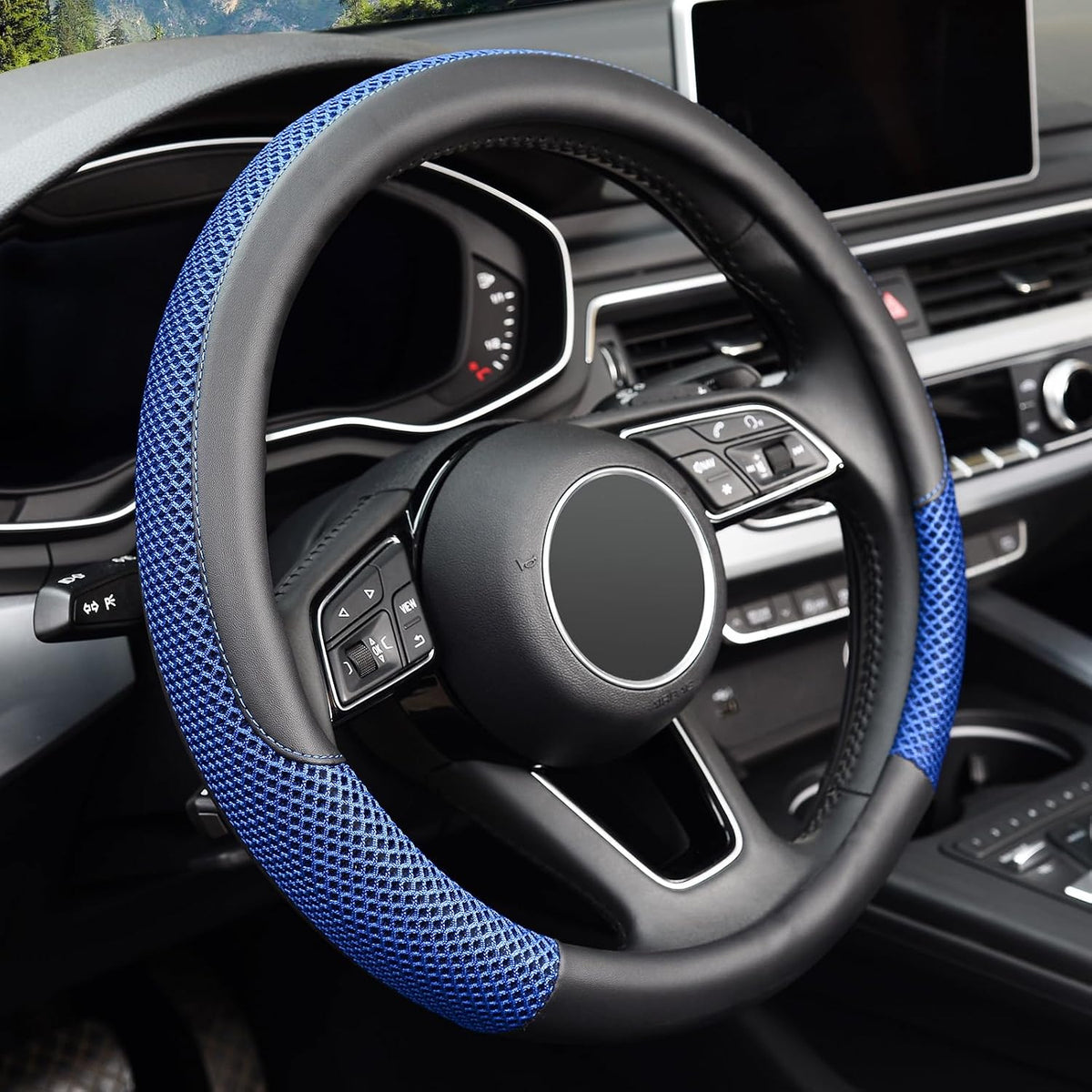KAFEEK Steering Wheel Cover, Cooling Ice Silk Leather, 15 Inch, Black