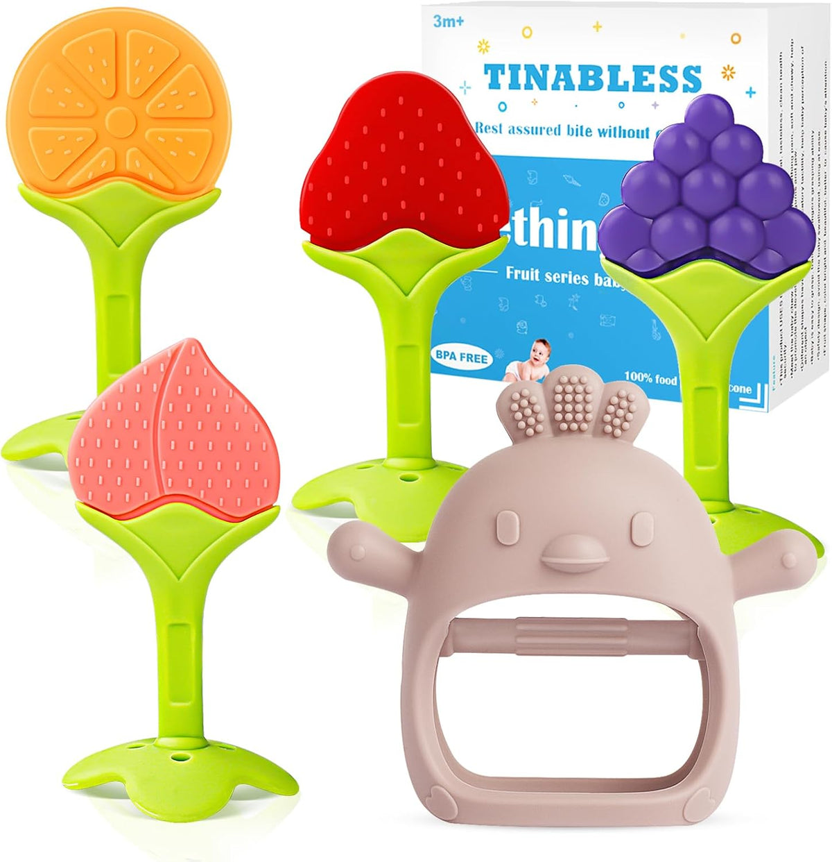 Teething Toys (5 Pack) - Tinabless Infant Teething Keys Set, BPA-Free, Natural Organic Freezer Safe for Infants and Toddlers, Silicone Baby Teethers