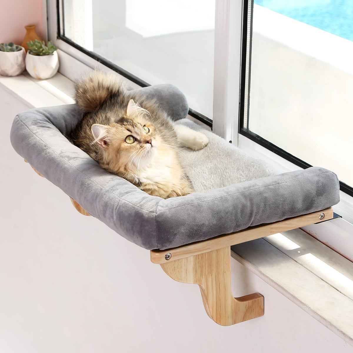 Zakkart Cat Perch for Windowsill with Bolsters (Natural Wood/Gray, L)
