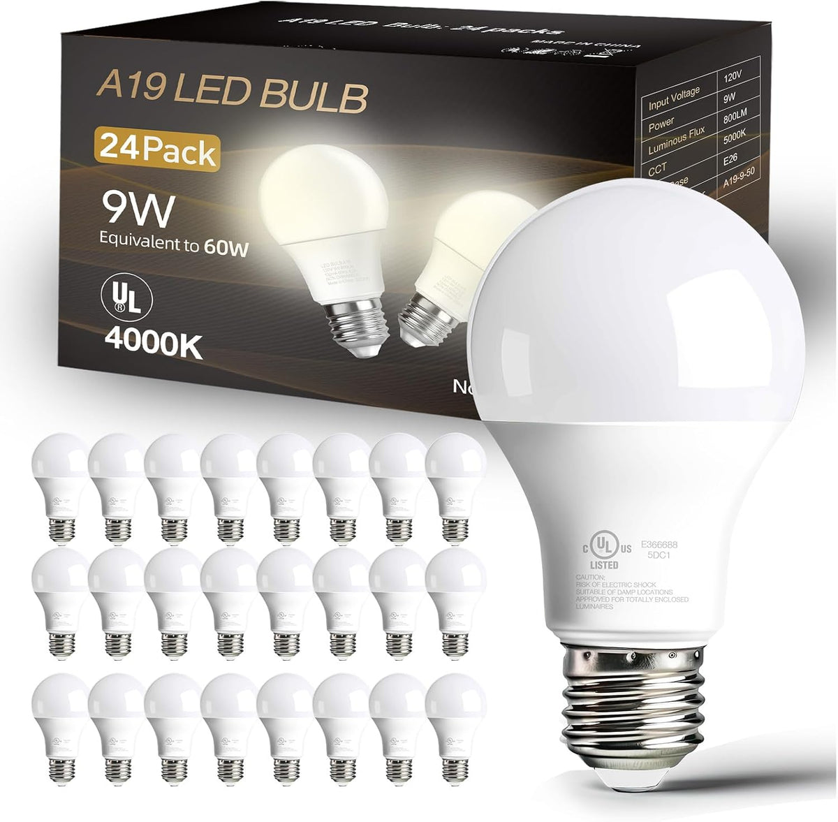 dalattin 24 Pack LED Bulbs Daylight White 5000K, 60 Watt Equivalent A19 Standard Bulbs, E26 Base, 800 LM, Efficient 9W Energy Saving, Non-Dimmable, 80+ CRI, 120V, UL Listed, for Living Room, Office