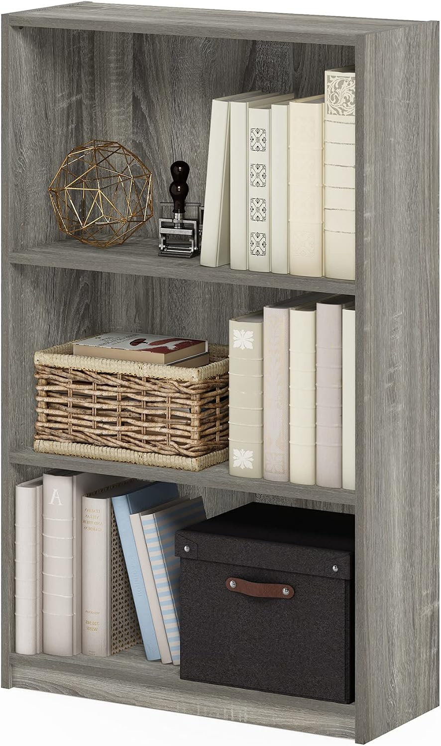 Furinno JAYA Book Shelf, 3-Tier Bookshelf, Bookcase with Adjustable Shelves, 9.5 x 24.5 x 40.3, for Organization and Storage, for Living Room, Bedroom, Home Office, French Oak