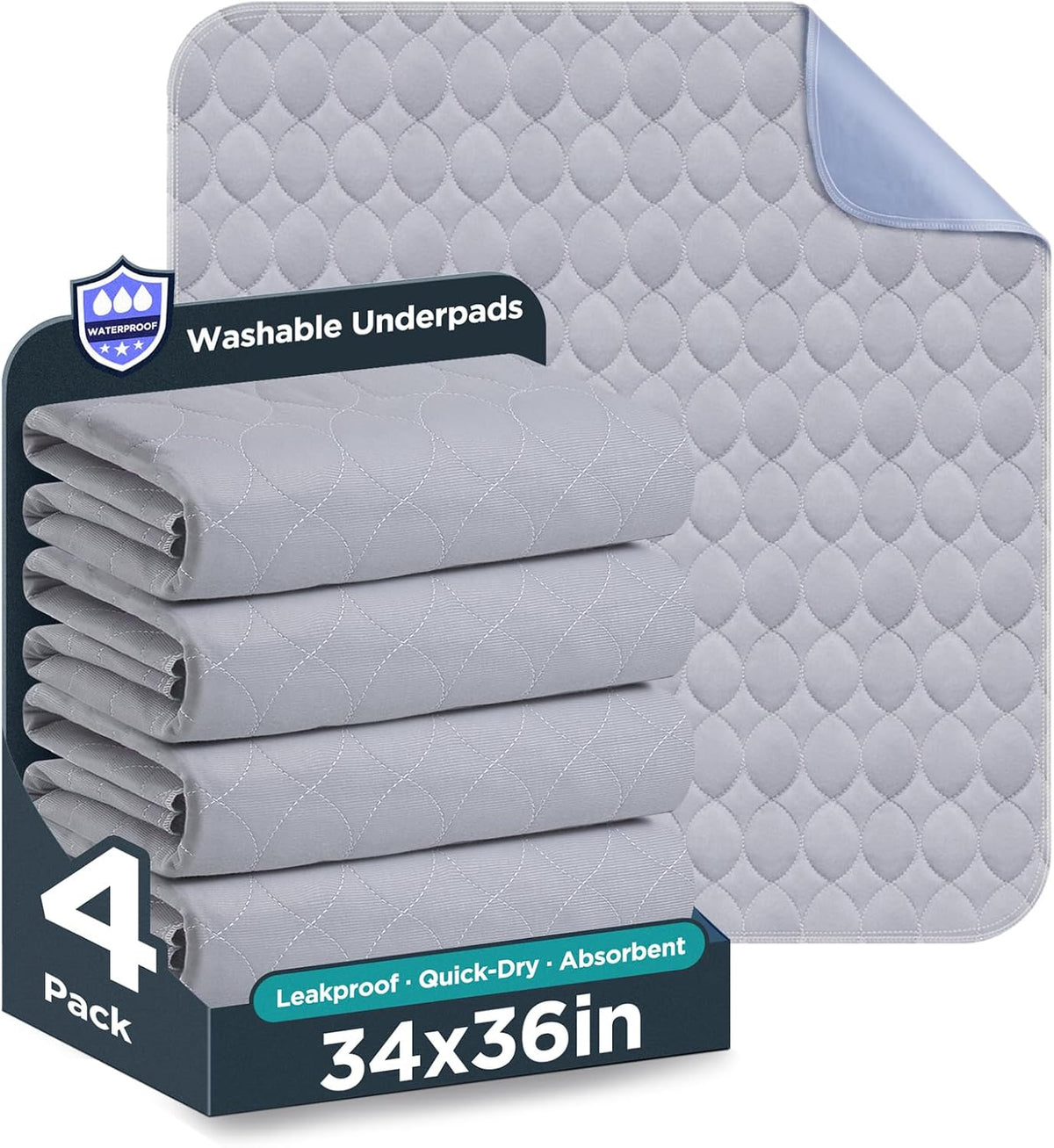 Washable Bed Pads 36" x 72" - 2 Pack, Grey, Waterproof Bed Pads for Incontinence, Bed Wetting Pads for Bed, Sofa, Floor, Resuable Underpads for Adults, Seniors, Pet