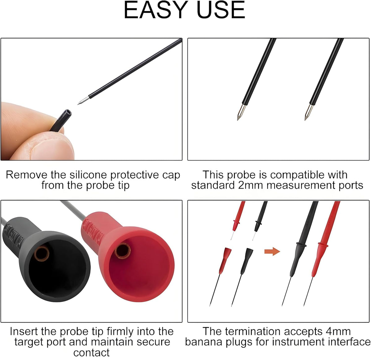 4 Pack 2mm Extended multimeter Needle Test Probes, 600V/10A Non-Destructive