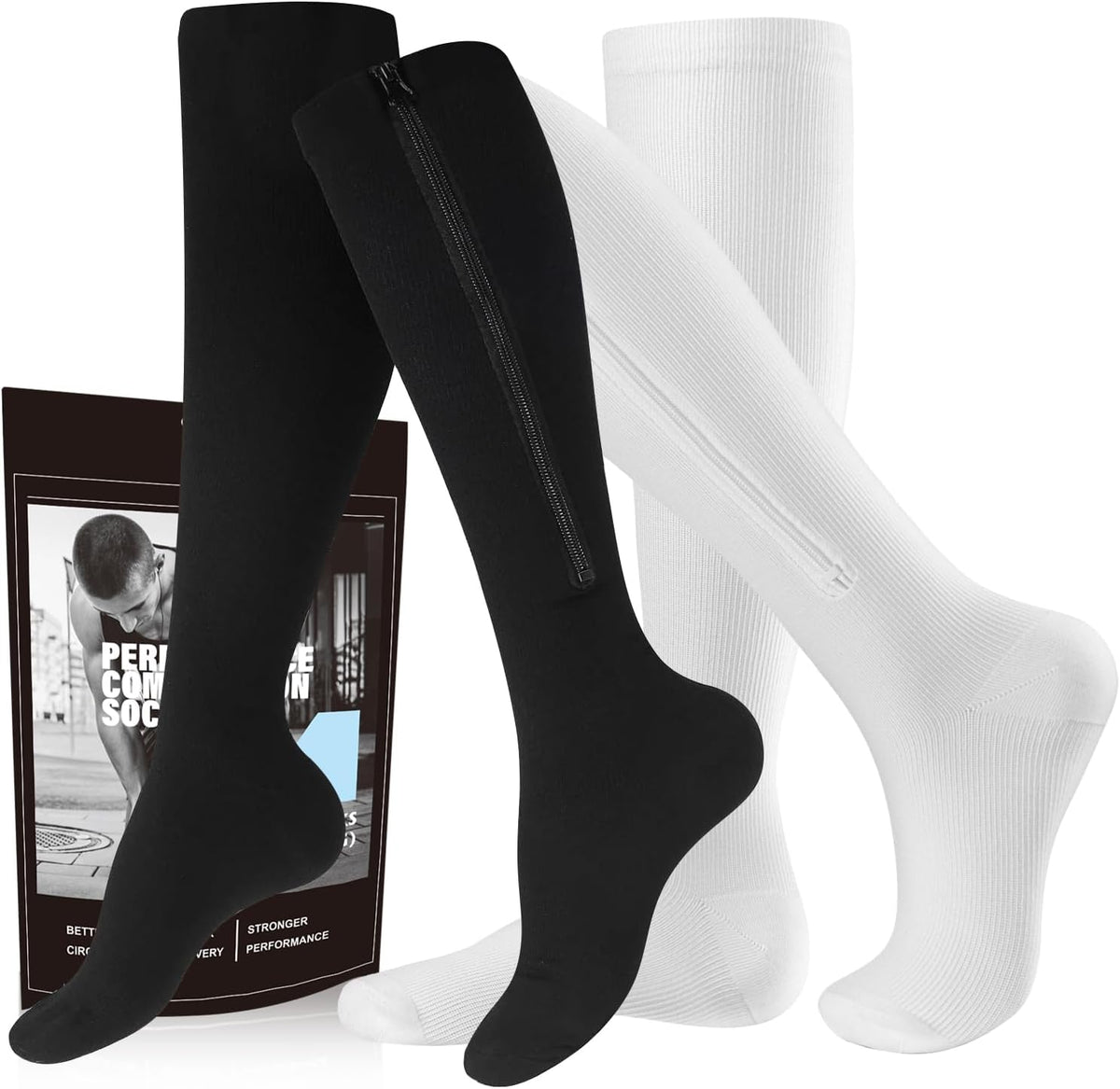 cerpite Zipper Compression Socks, 2 Pairs 15-20 mmHg Closed Toe Compression Stockings for Men Women
