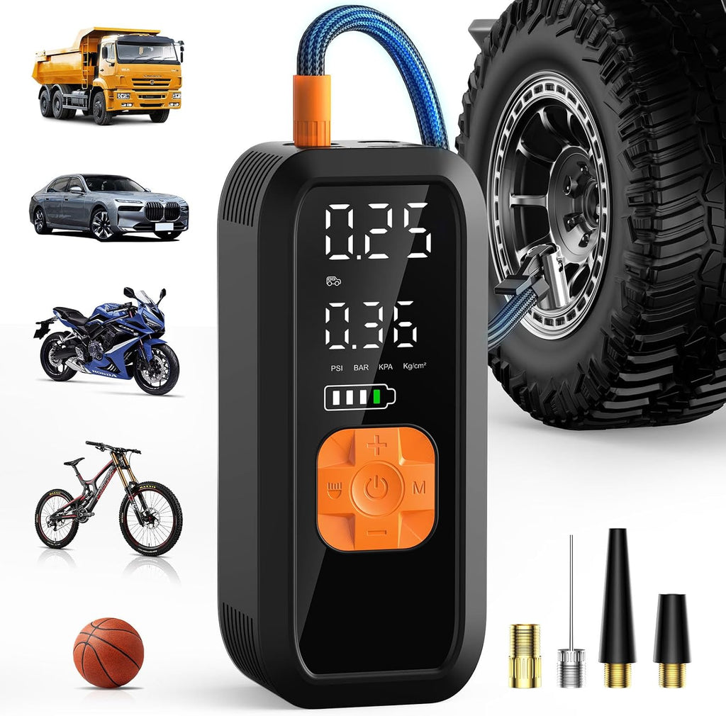 Portable Tire Inflator Air Compressor, 150 PSI Fast Cordless Pump, Dual Power (Battery + 12V DC),Auto Shut-Off, 5 Modes, Digital Dual Display for Car Truck Bike Tires, Balls, Inflatables