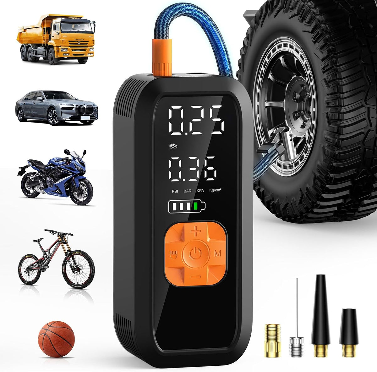 Portable Tire Inflator Air Compressor, 150 PSI Fast Cordless Pump, Dual Power (Battery + 12V DC),Auto Shut-Off, 5 Modes, Digital Dual Display for Car Truck Bike Tires, Balls, Inflatables
