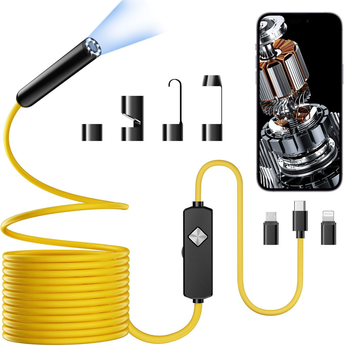 Endoscope with Light, 1920P HD Borescope with 8 Adjustable LED Lights, Semi-Rigid Snake Camera, IP67 Waterproof Inspection Tool (16.4ft, Black + Dual Lens Wiring Harness)