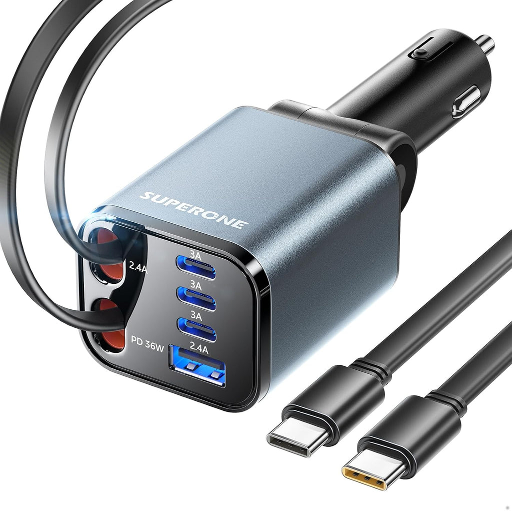 SUPERONE 6 in 1 Retractable Car Charger with Dual Type C Cables