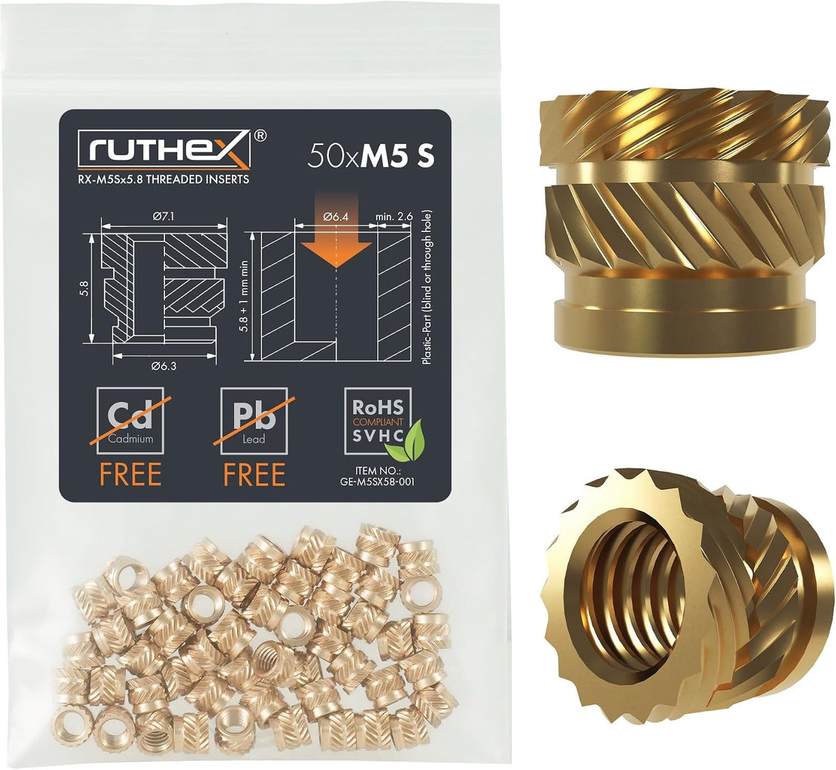 ruthex M3 Threaded Inserts - 100 Pieces RX-M3x5.7 Brass Heat Set Insert for Plastic Parts - Metric knurled Nuts - Insert by Heat into 3D Printing Components