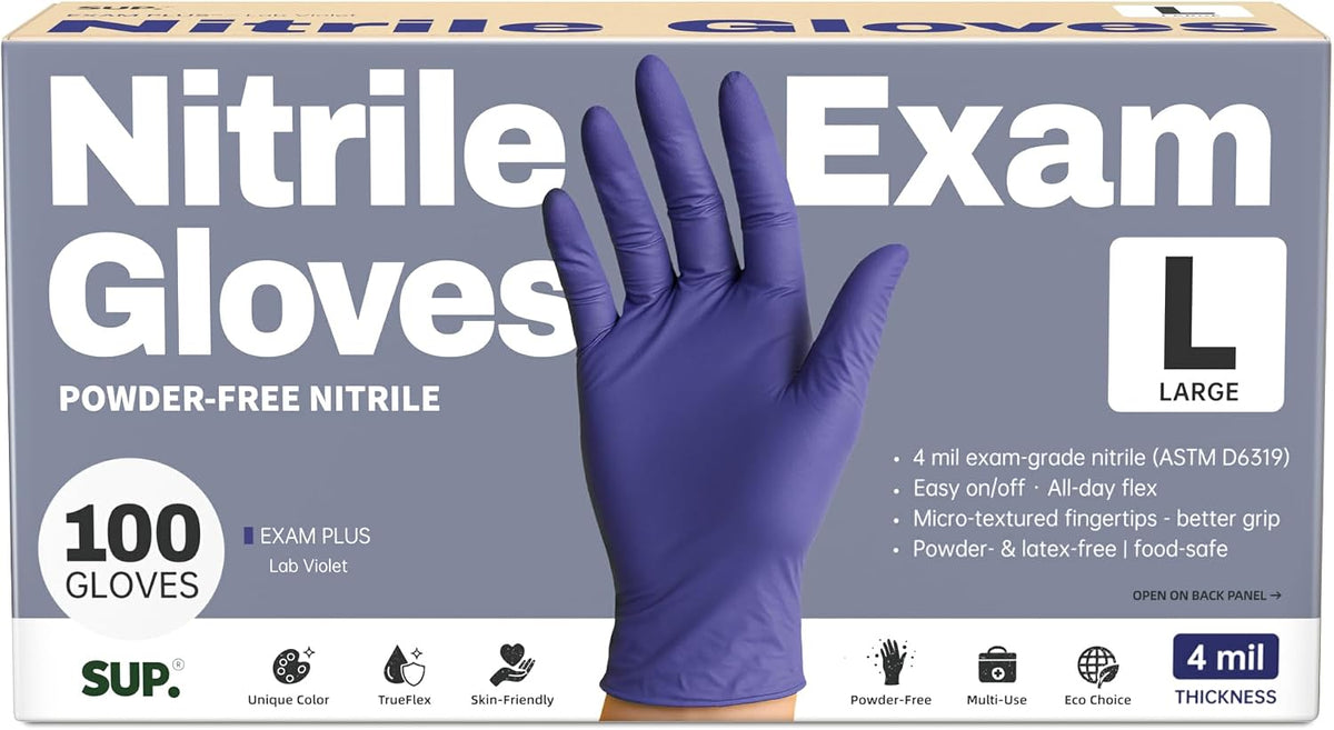 SUP Powder-Free Nitrile Exam Gloves, 100/1000 Ct Food Safe Latex-Free Medical Cooking Cleaning Disposable Glove, Blue Violet