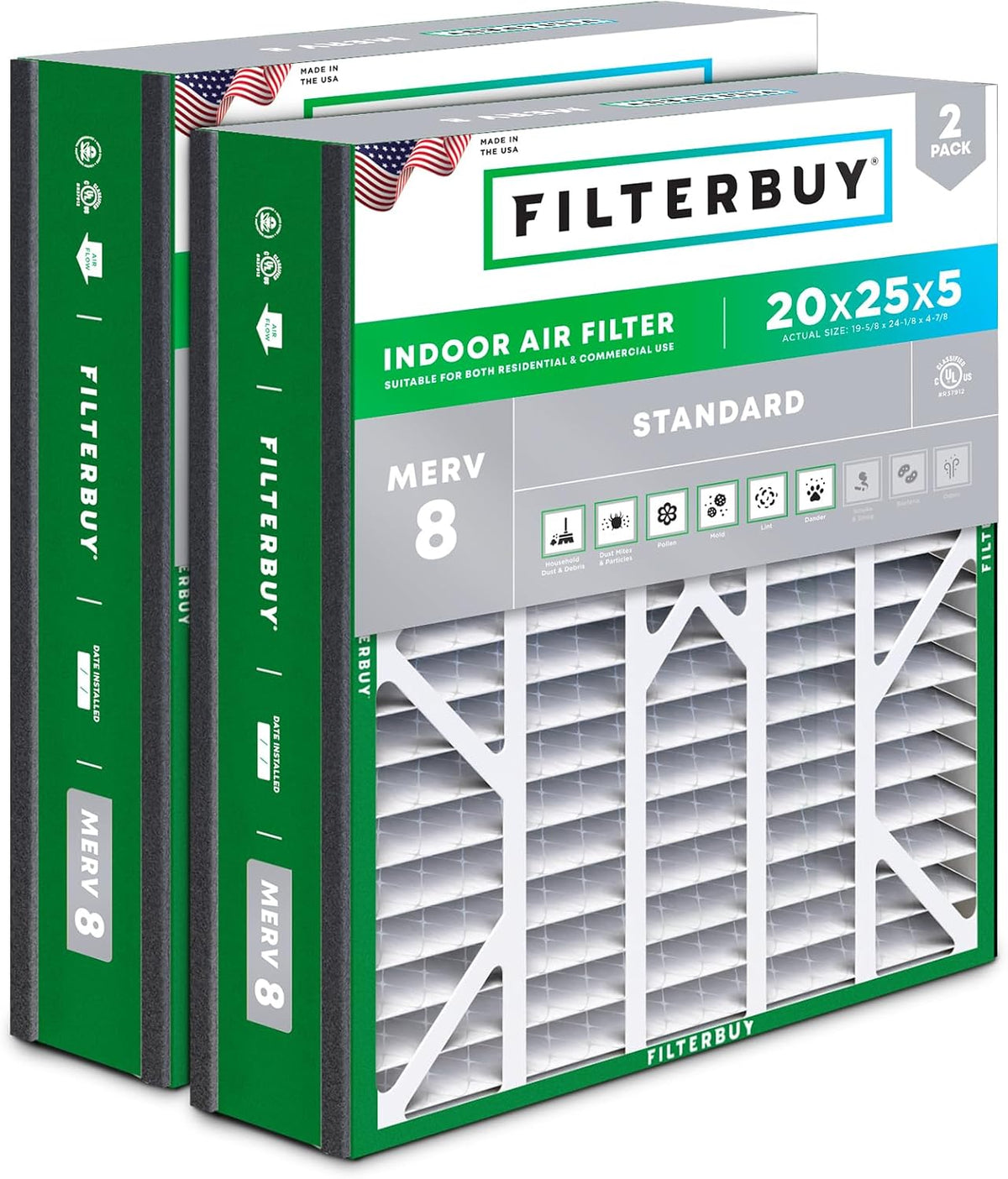 Filterbuy 20x25x5 Air Filter MERV 8 Dust & Allergy Defense (2-Pack)