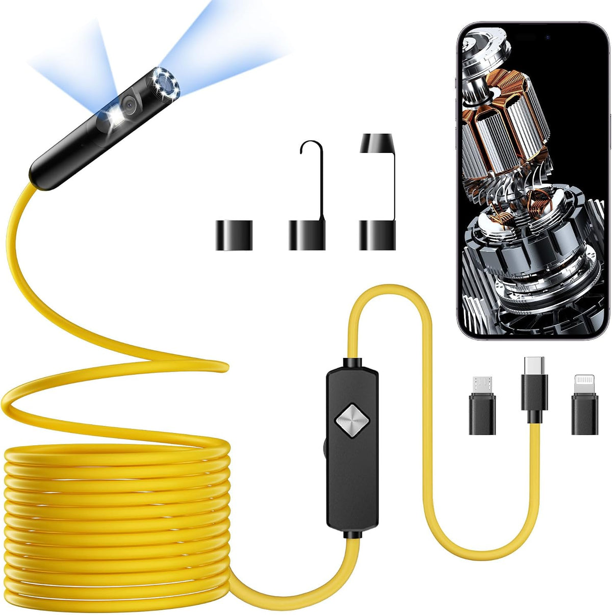 Endoscope with Light, 1920P HD Borescope with 8 Adjustable LED Lights, Semi-Rigid Snake Camera, IP67 Waterproof Inspection Tool (16.4ft, Black + Dual Lens Wiring Harness)
