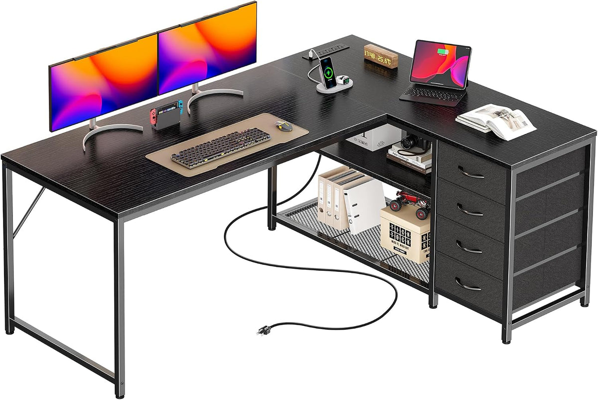 PRAISUN 61" L Shaped Desk with Power Outlets & 4 Drawers